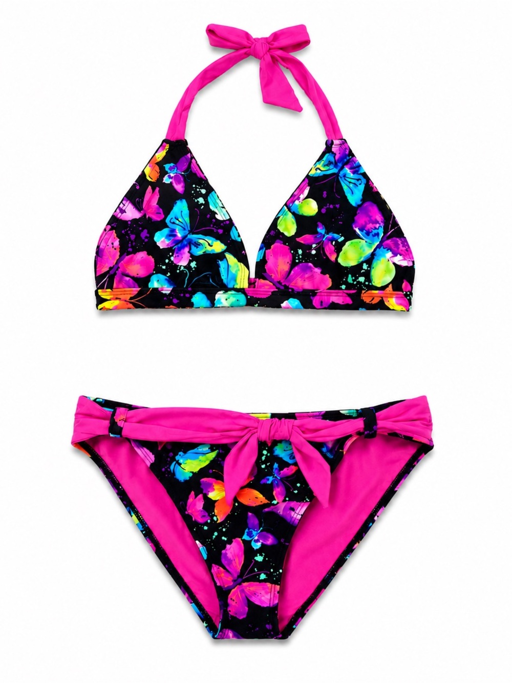 Angel Beach Girls' Neon Butterfly Halter Bikini Set - Bright Pink Accent